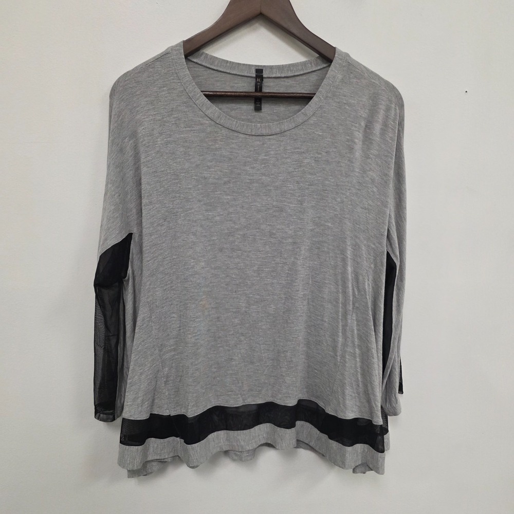 IC By Connie K Womens Bamboo Long Sheer Sleeve Top Size L Gray Black Round Neck